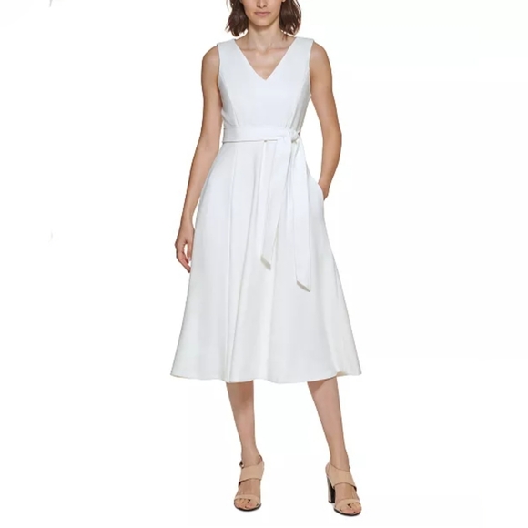 Calvin Klein Women's V-neck Sleeveless Belted Dress - Picture 12 of 16